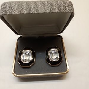 VTG Trifari Signed Headlight ART DECO Black Enamel Crystal Stud Earrings 1980s